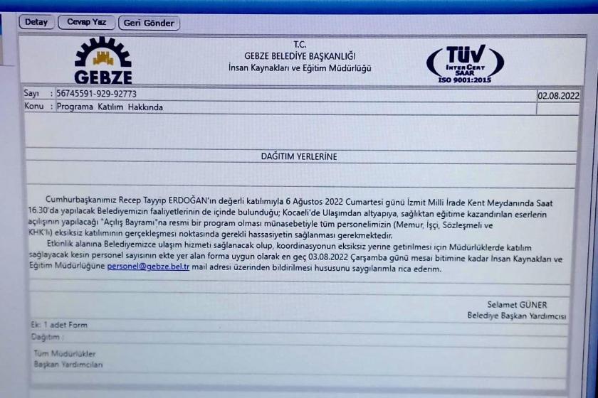 Gebze Belediyesi personelinden mitinge eksiksiz katılım istedi