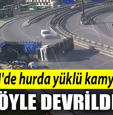 Kocaeli TEMde hurda yuklu kamyon boyle devrildi
