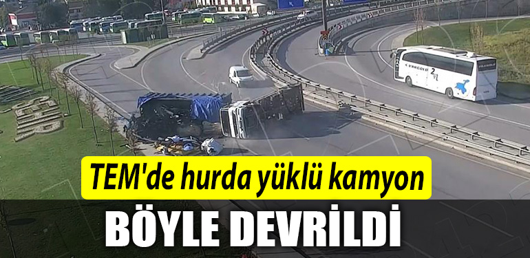 Kocaeli TEMde hurda yuklu kamyon boyle devrildi