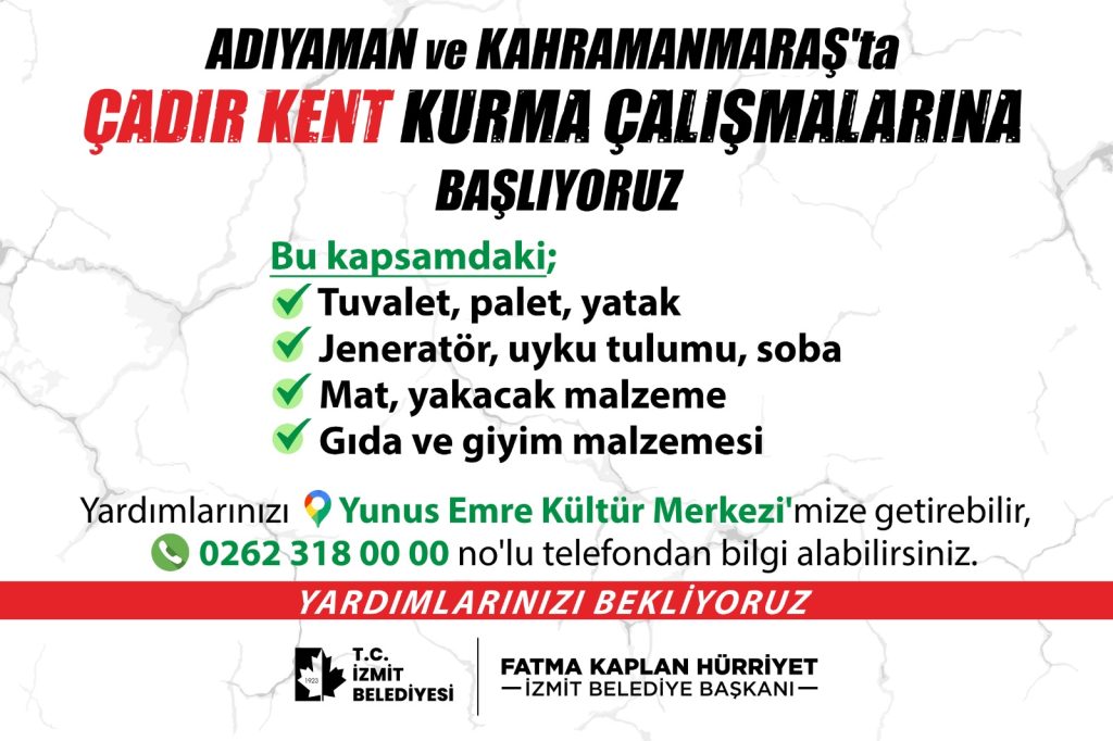 Cadirkent kurma calismalarina baslayan Izmit Belediyesinden destek cagrisi