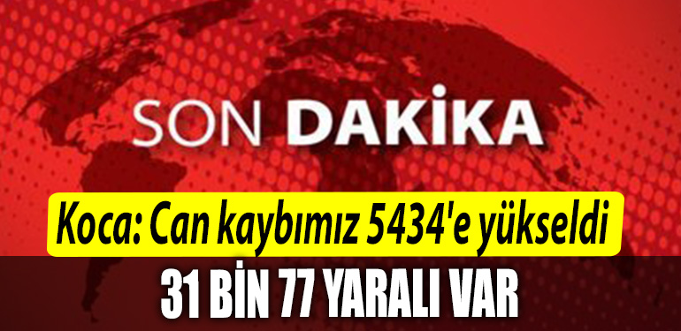Saglik Bakani Fahrettin Koca Depremde can kaybimiz 5434e yukseldi. 31777 yarali var