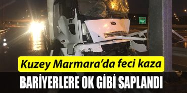 Kuzey Marmarada kaza Yol ayrimi tabelasina carpan tirin surucusu yaralandi