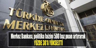 Merkez Bankası, politika faizini 500 baz puan artırarak yüzde 30'a yükseltti