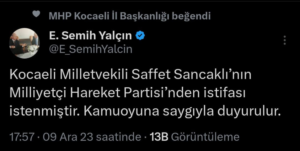 MHP Kocaeli Milletvekili Saffet Sancaklı’nın istifası istendi. MHP Kocaeli İl Başkanlığı hesabı beğendi