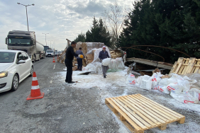 TEM'DE KONTROLDEN ÇIKAN TIR DEVRİLDİ