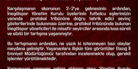 Elazığspor’dan olaylara ilişkin açıklama